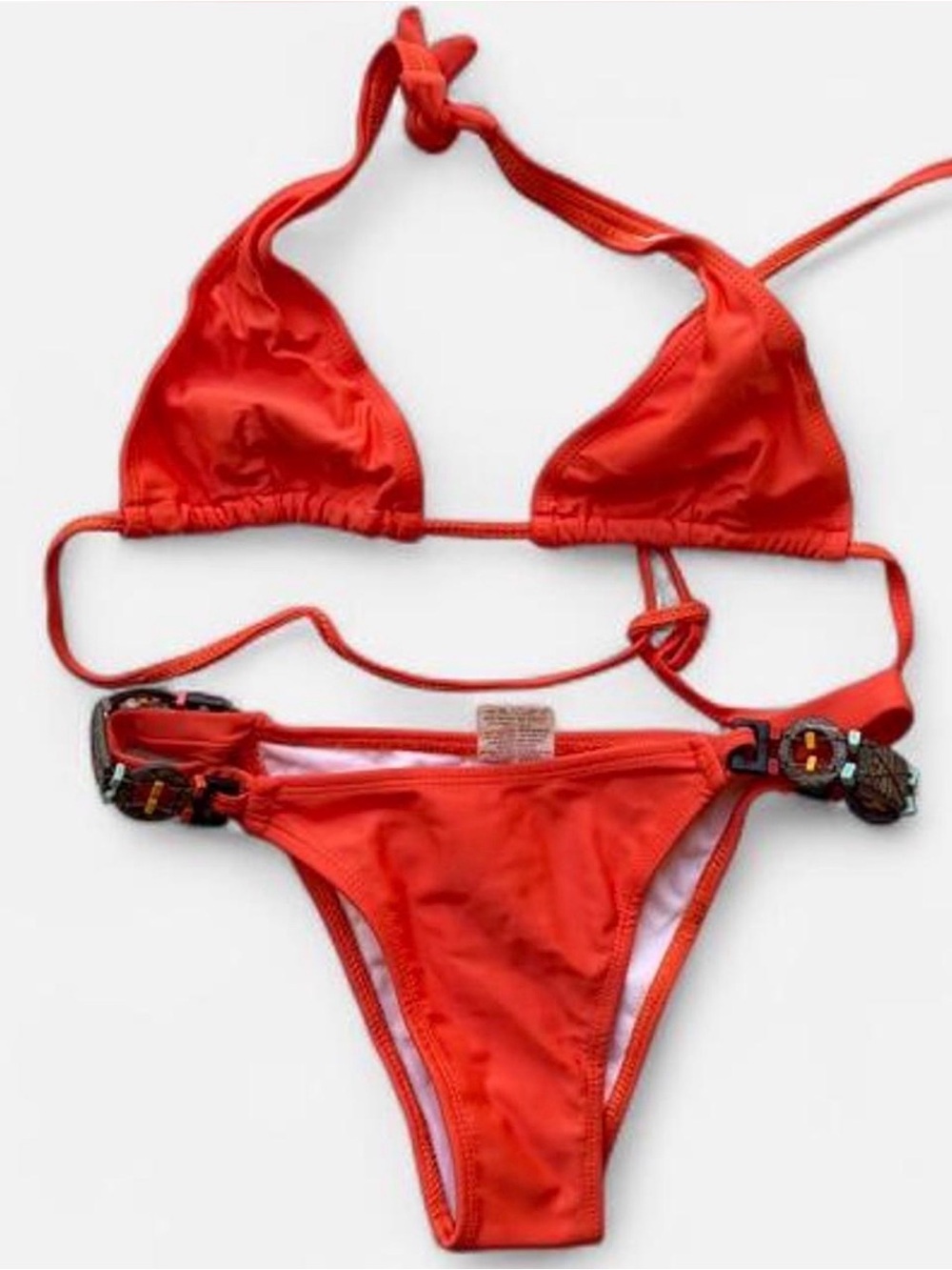 Classic Red Triangle Bikini with Beaded Side Accents